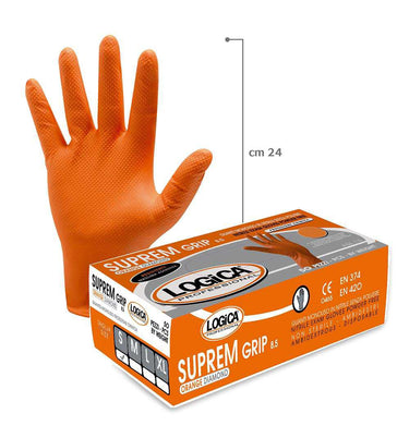 Guanto LOGICA SUPREM monouso in nitrile pesante, colore arancione puntinato senza polvere alta resistenza e antiscivolo